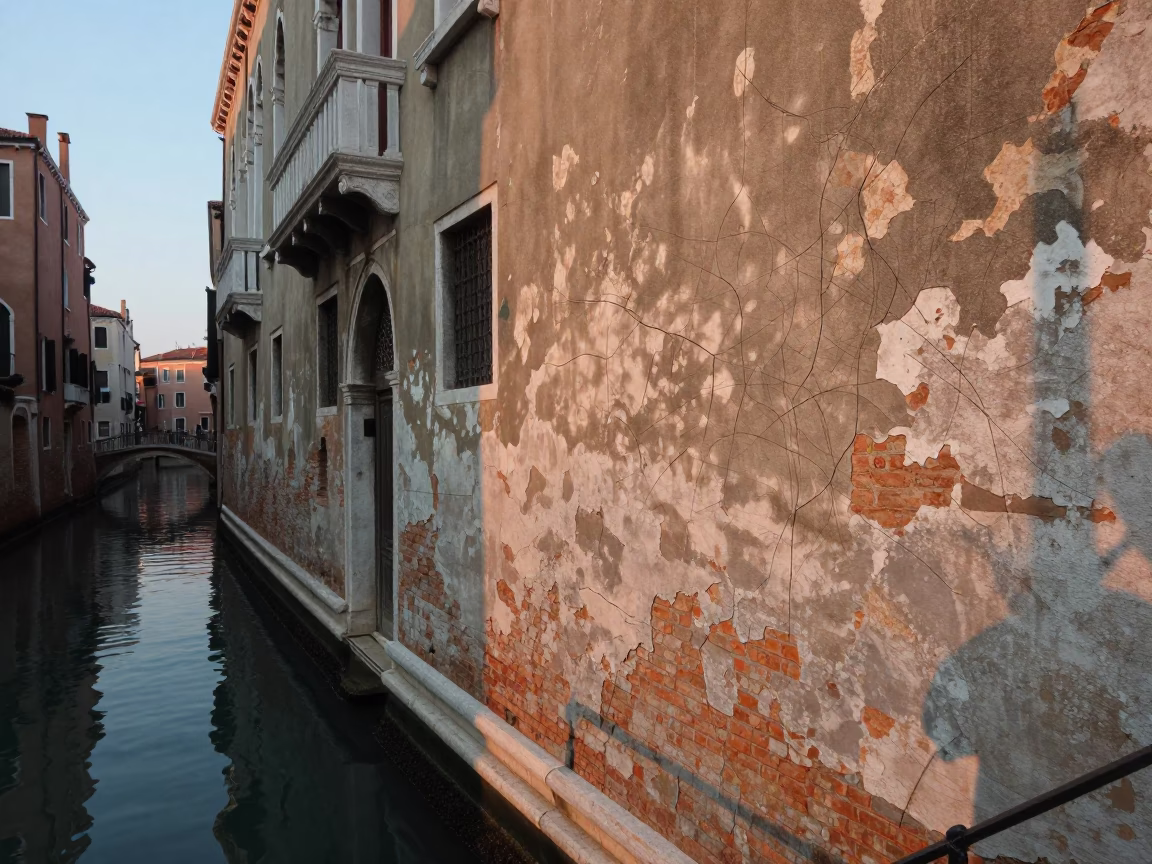 Sunrise Light on Weathered Venetian Wall with Scratches and Canal View in in Venice, Italy