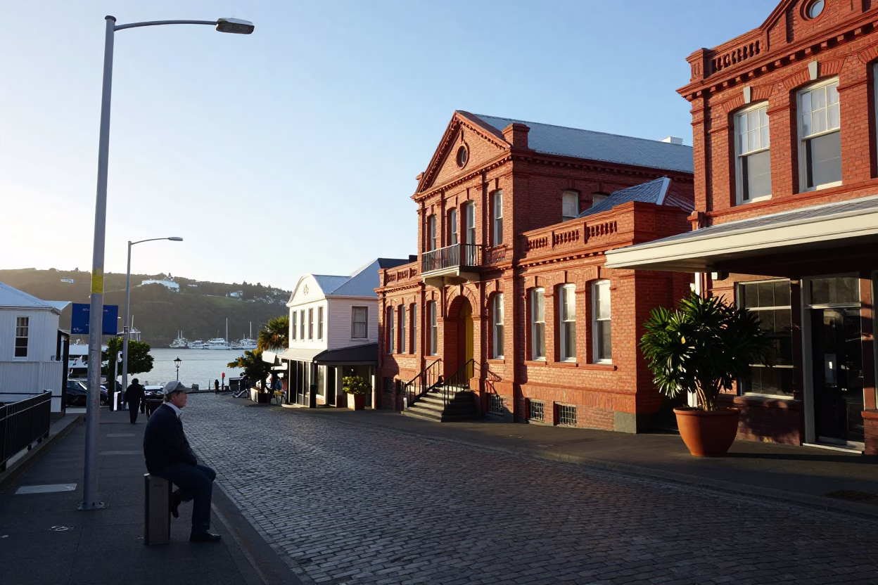 Sunrise Light on Wellington Harbour Street Scene with Passerby and Plant Mister in in Wellington, New Zealand