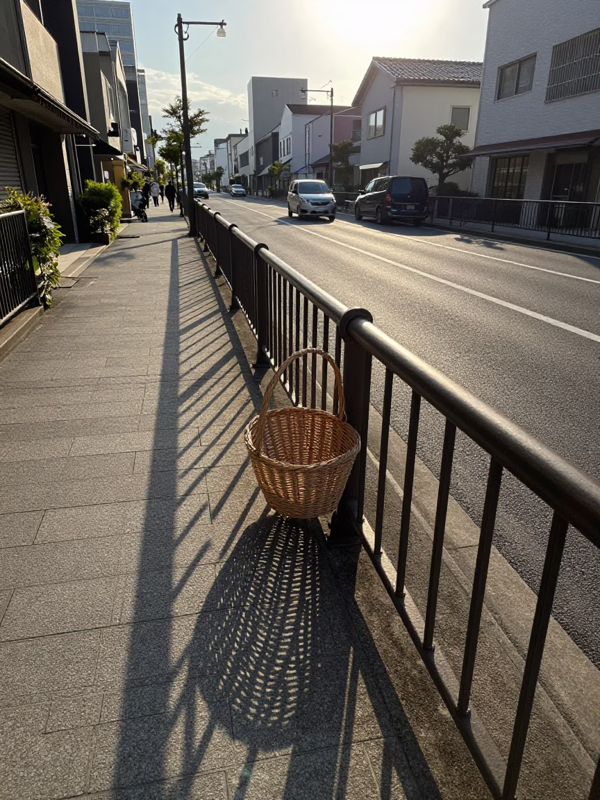 Sunrise Light on Wicker Shadow Cast on Rail in Fukuoka Japan Street Scene in in Fukuoka, Japan