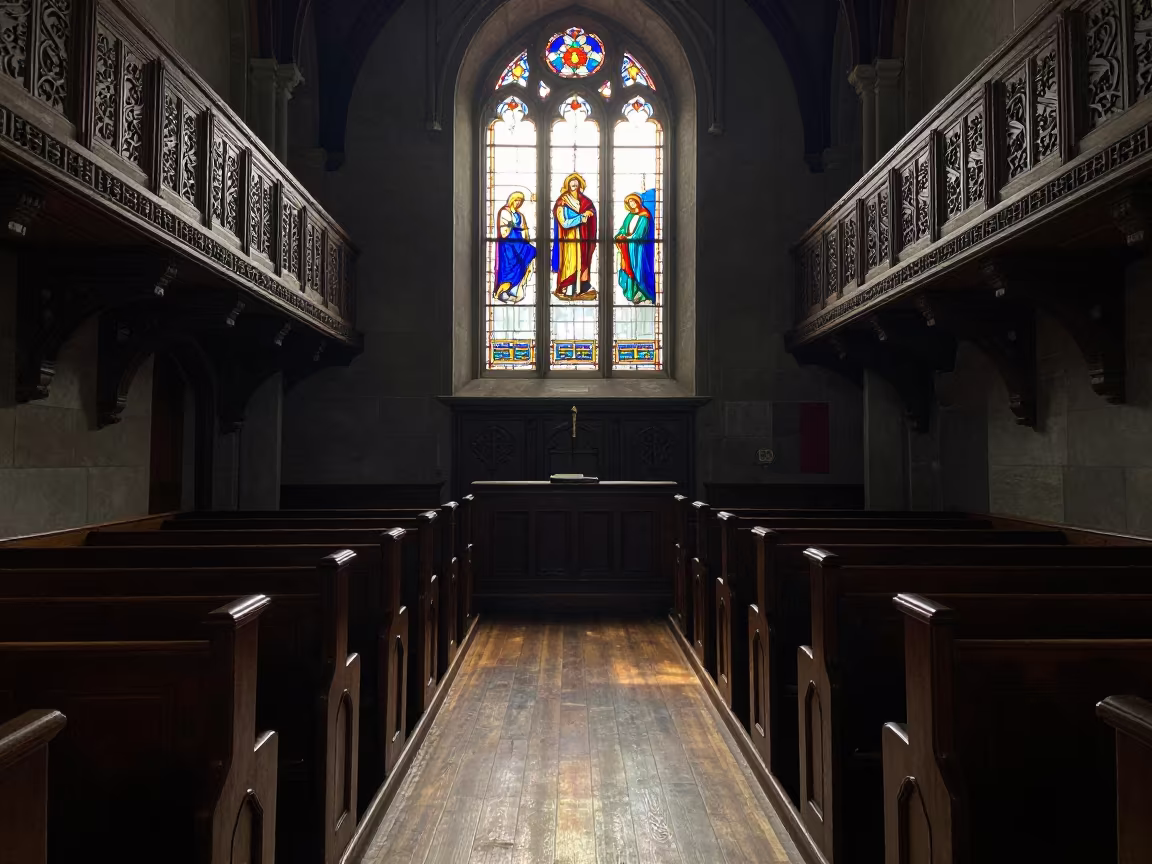 Sunrise Light on Synagogue Pews in inside a timber synagogue hall in Ottawa