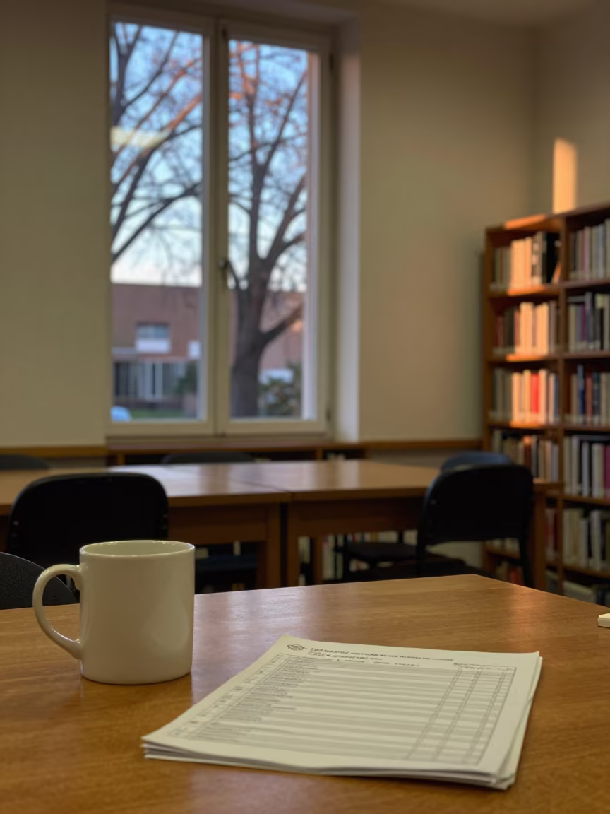 Sunrise Light on Teacher Mug and Sheets in inside a campus library reading room near Mar del Plata