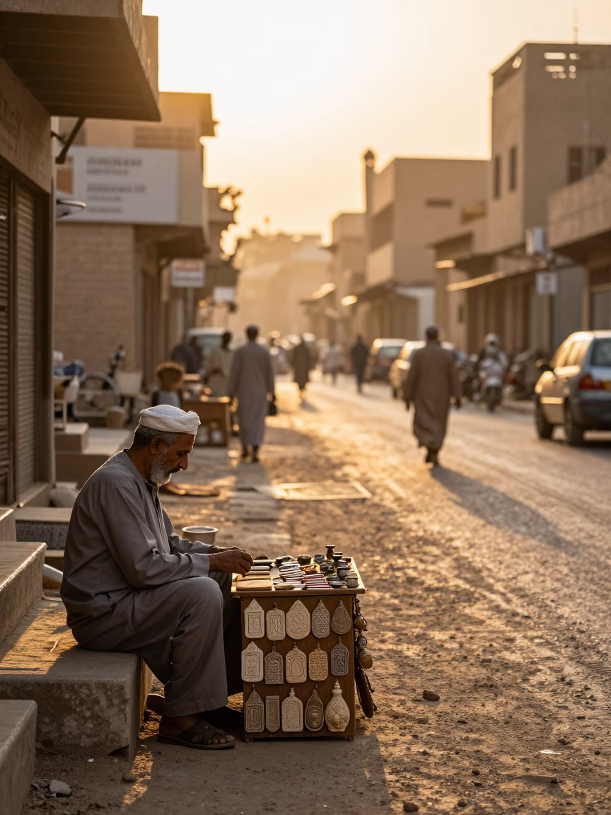 Sunrise Luxor Street Scene with Amulet Seller and Traditional Market Activity in in Luxor, Egypt