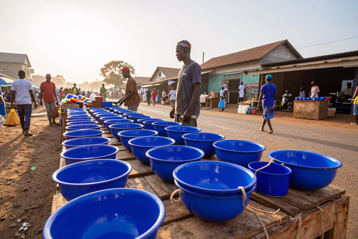 Sunrise Market Scene in Accra Ghana with Enamel Bowls and Twine in in Accra, Ghana