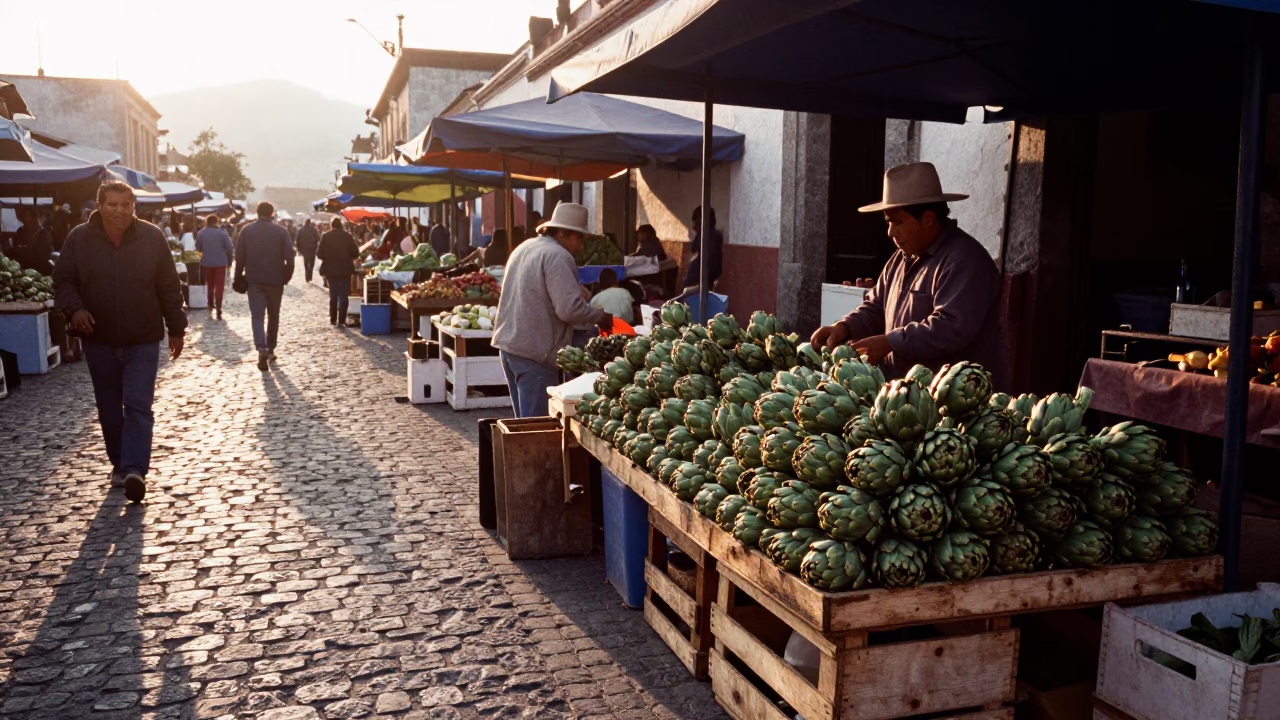 Sunrise Market Scene in Oaxaca Mexico with Fresh Artichokes and Local Vendors in in Oaxaca, Mexico