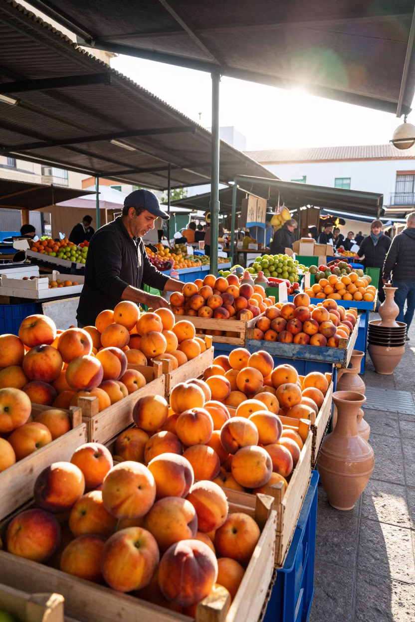 Sunrise Market Scene in Valencia Spain with Fresh Nectarines and Ceramic Drinking Vessel in in Valencia, Spain