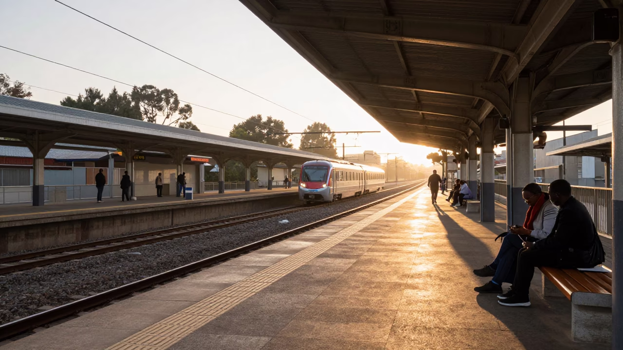 Sunrise Morning Commute at Johannesburg Maboneng Gautrain Station Platform with Cyclist in in Johannesburg, South Africa