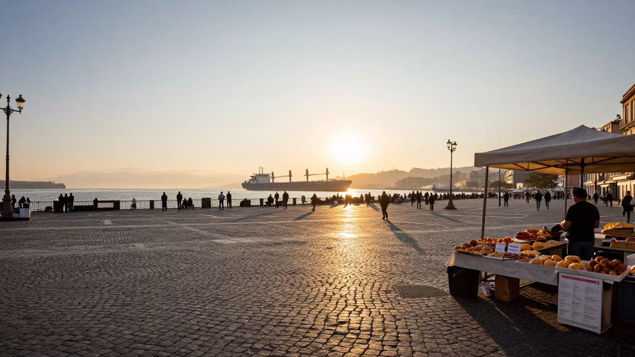 Sunrise Naples Street Scene with Cargo Ship and Morning Coffee Routine in in Naples, Italy
