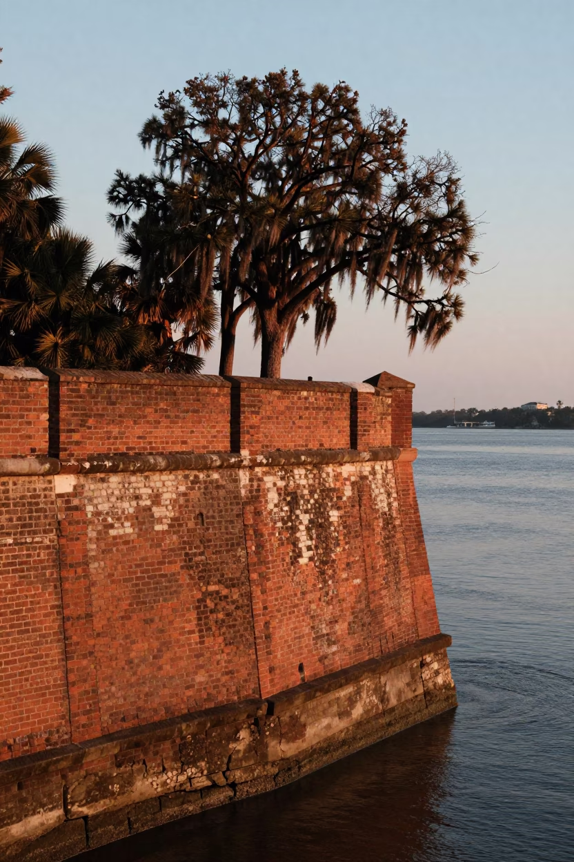 Sunrise on Charleston Battery Cobblestones with Historic Brick and Morning Mist in in Charleston, South Carolina, United States