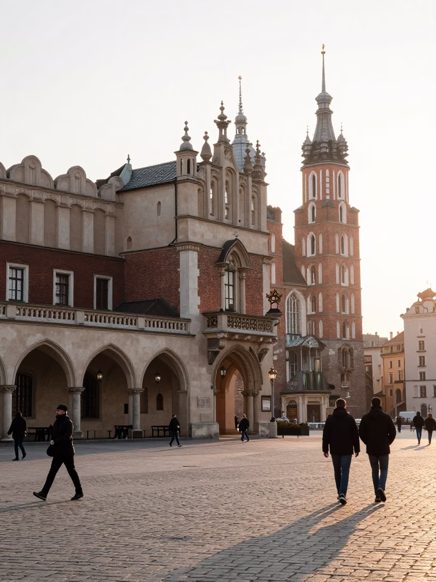 Sunrise on Krakow Main Market Square with historic Sukiennice and cobblestone street life in in Krakow, Poland