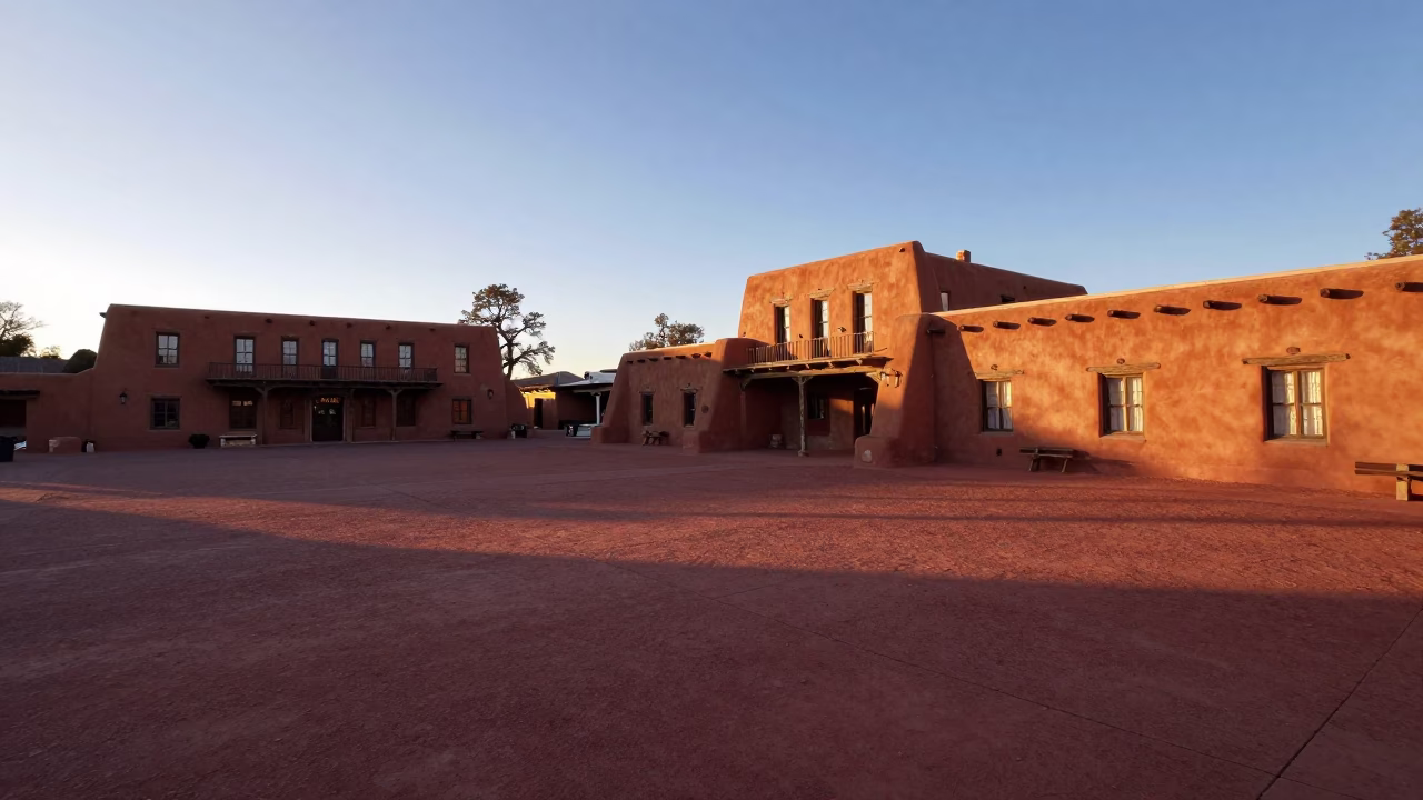 Sunrise on Santa Fe Plaza with Adobe Walls and Early Morning Pedestrians in in Santa Fe, New Mexico, United States