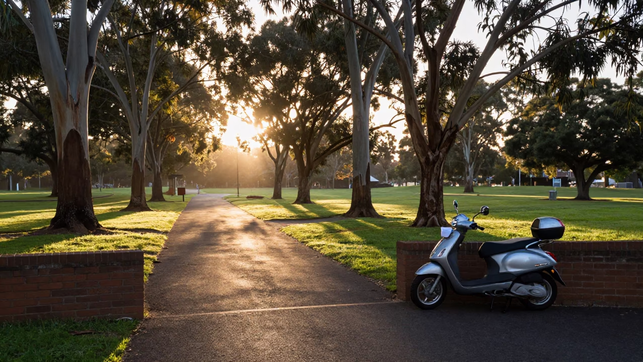 Sunrise over Adelaide Park Lands with Clipboard and Scooter in in Adelaide, South Australia, Australia