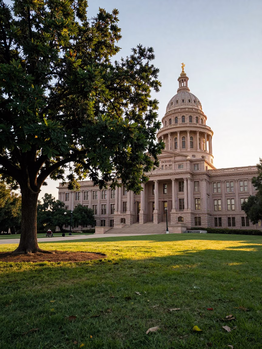 Sunrise over Austin Texas Capitol grounds with fig tree and street scene in in Austin, Texas, United States