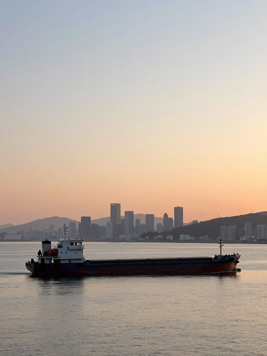 Sunrise Over Busan Port with Cargo Barge and Steam Thermos on Dock in in Busan, South Korea