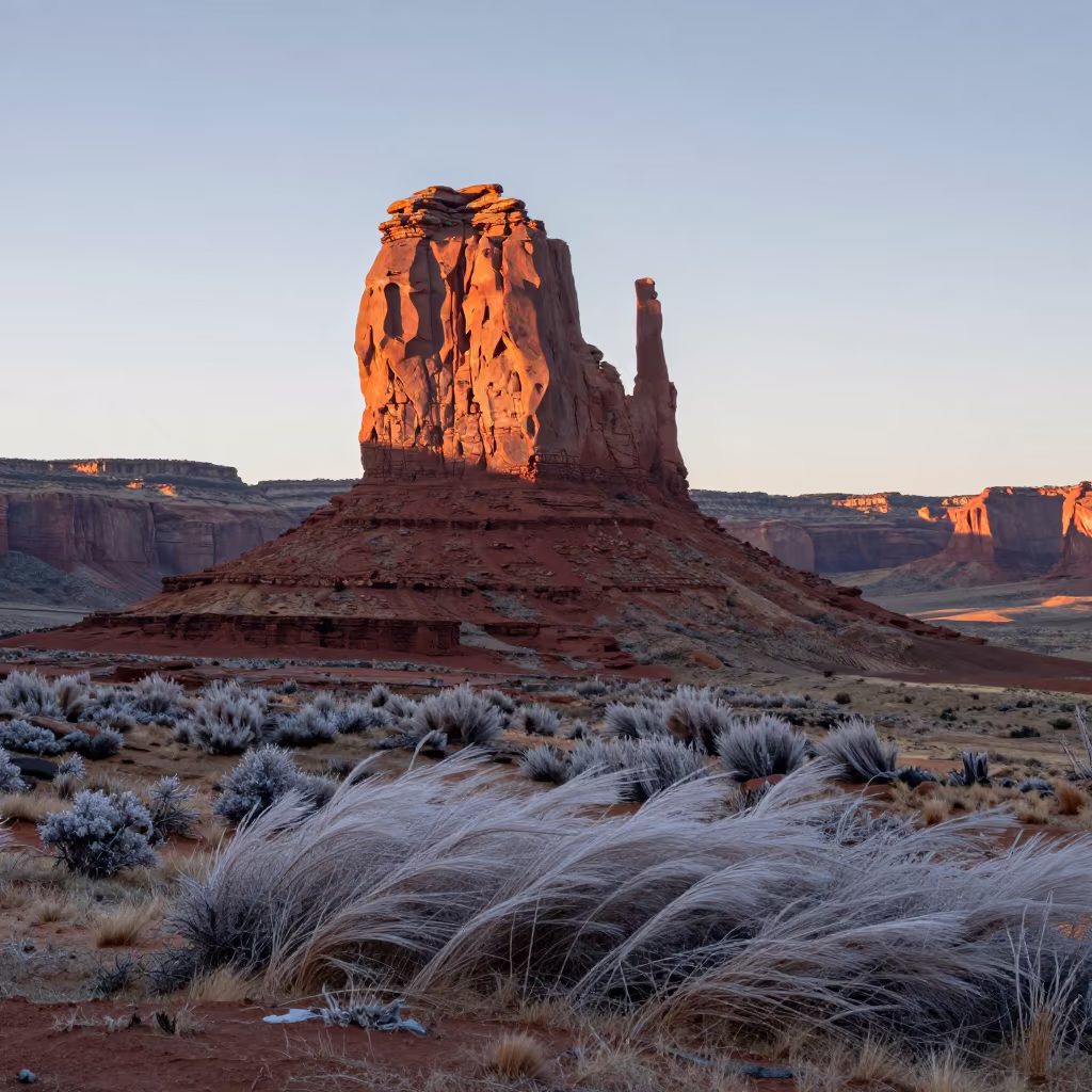 Sunrise Over Butte in Early Winter Valley in across a wide valley floor near Chamonix