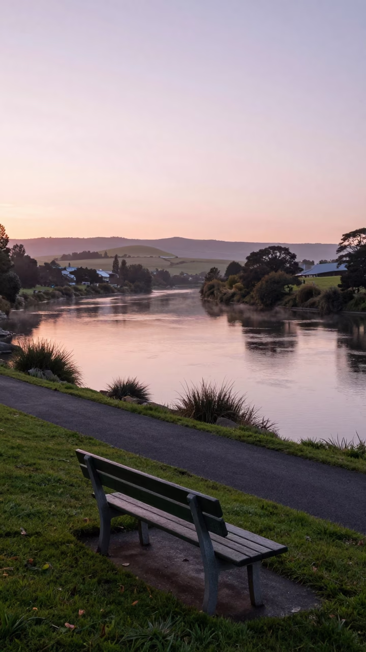 Sunrise Over Christchurch Avon River with Garden Benches and City Skyline View in in Christchurch, New Zealand