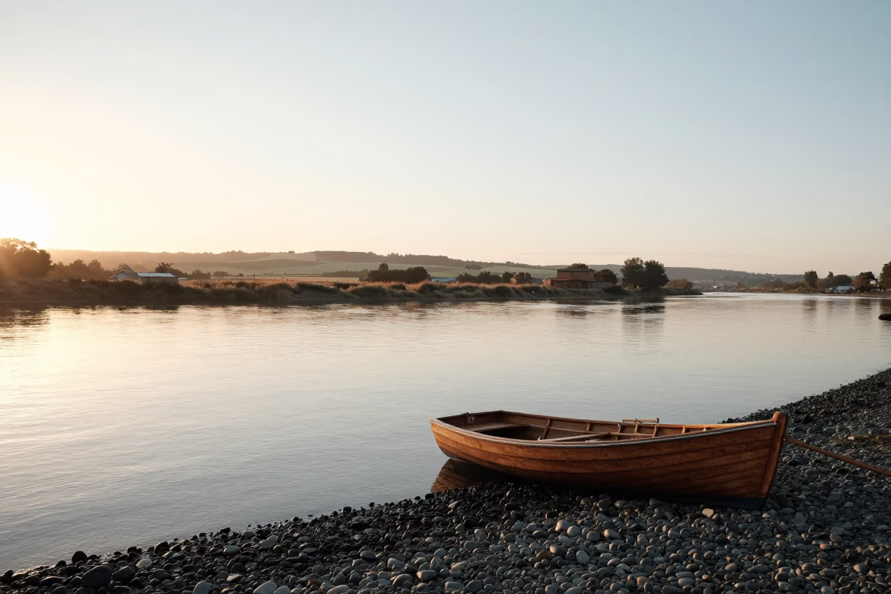 Sunrise Over Christchurch Avon River With Rowboat On Pebble Shore in in Christchurch, New Zealand
