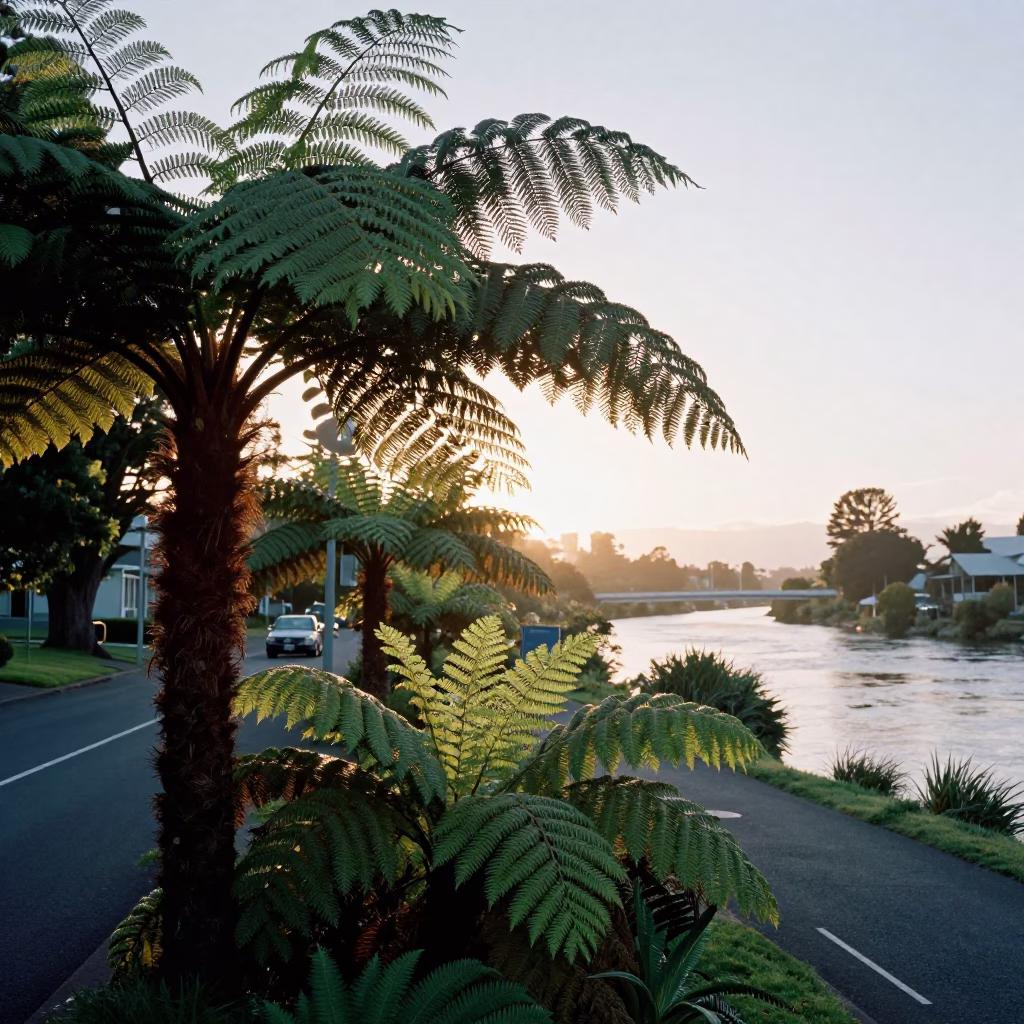 Sunrise over Christchurch New Zealand with Green Ferns and River Scene in in Christchurch, New Zealand