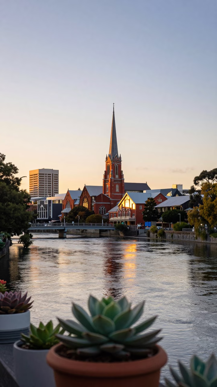 Sunrise Over Christchurch River Avon With Potted Succulents And Vintage Scooter in in Christchurch, New Zealand