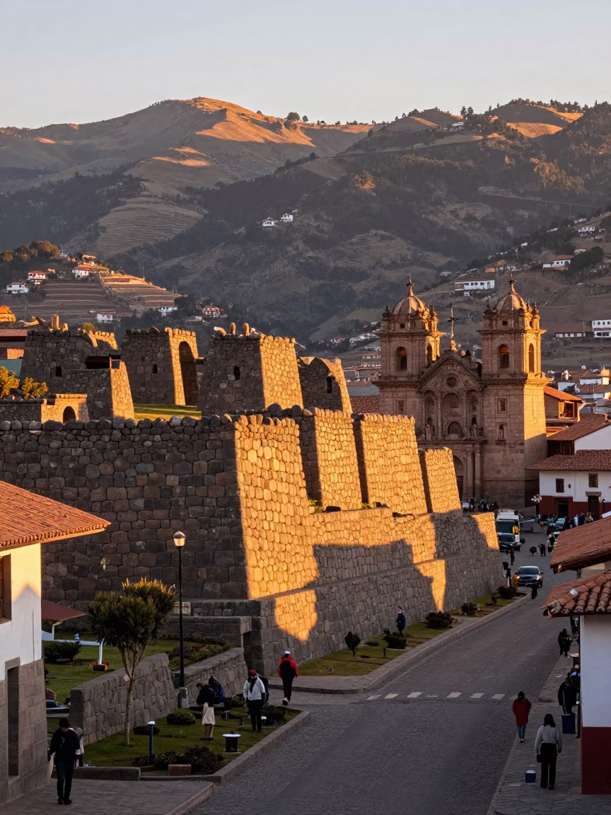 Sunrise Over Cusco Peru Inca Stone Walls and Morning Street Life in in Cusco, Peru