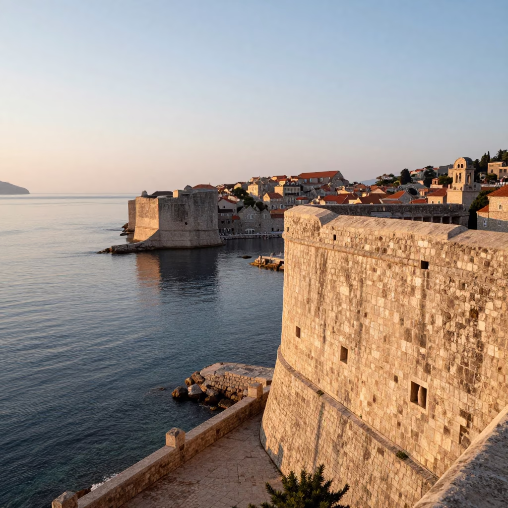 Sunrise over Dubrovnik Croatia Old Town Stone Walls and Adriatic Sea Horizon in in Dubrovnik, Croatia