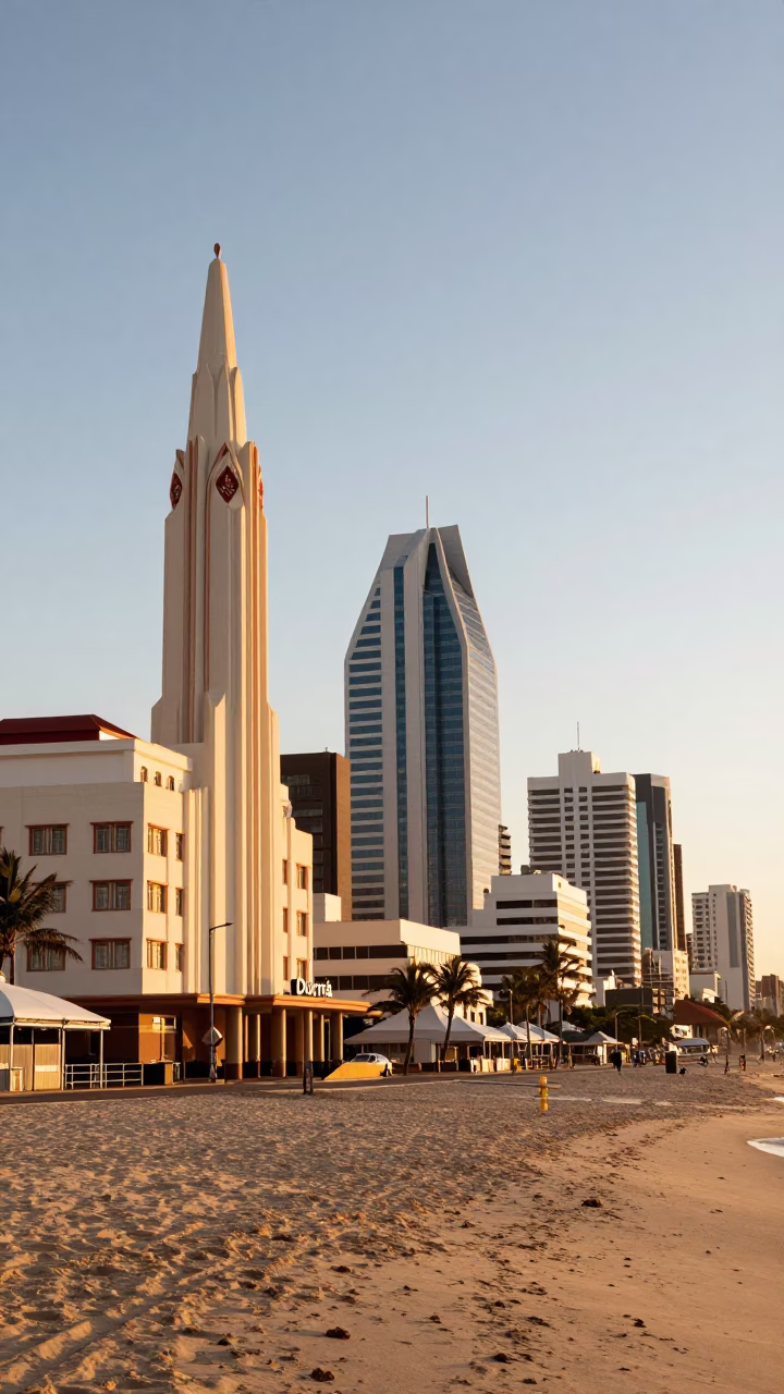 Sunrise over Durban Beachfront Promenade with Vintage 1950s Architecture and Early Morning Activity in in Durban, South Africa