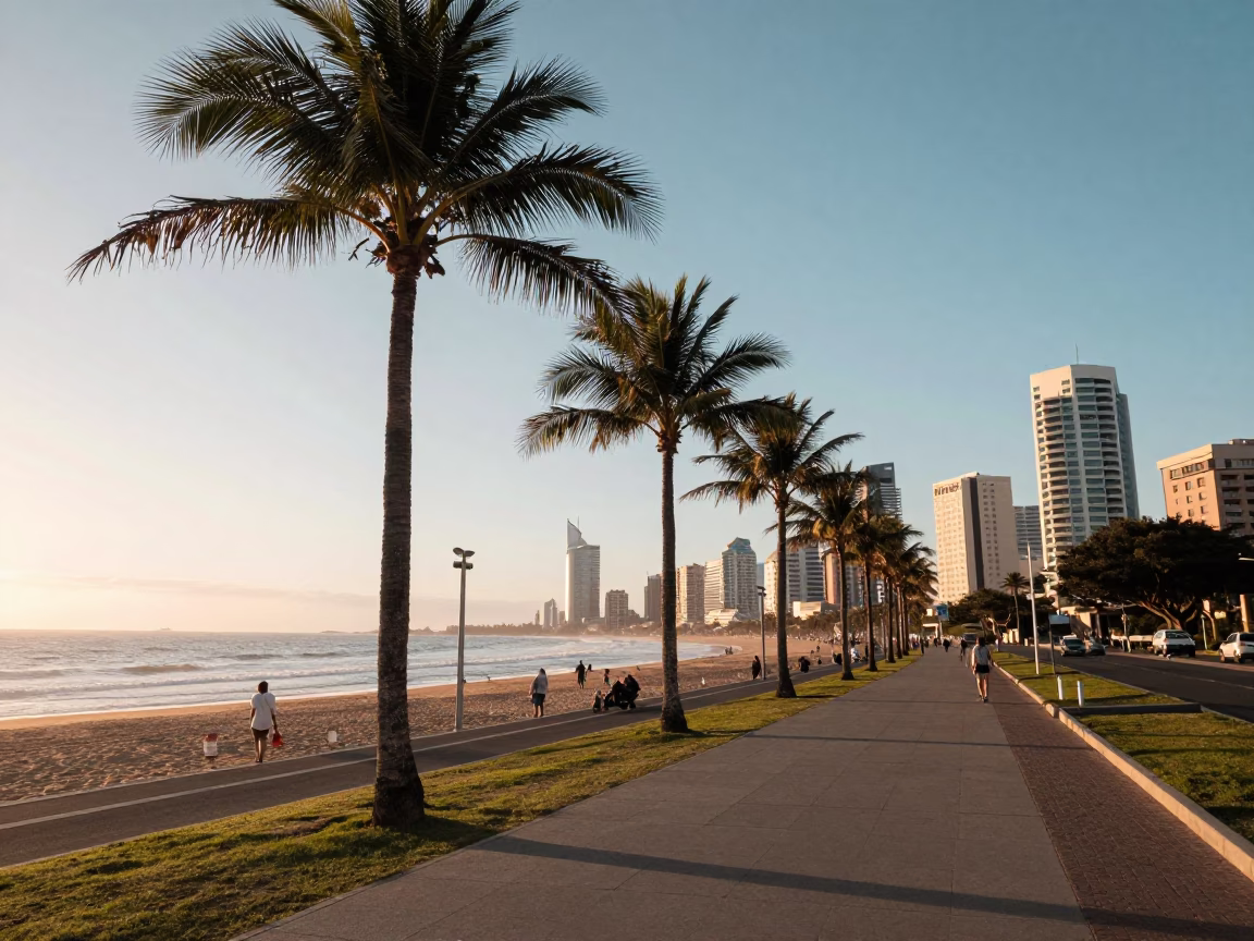 Sunrise over Durban Golden Mile Ocean Drive with Palm Trees and Coastal Traffic in in Durban, South Africa