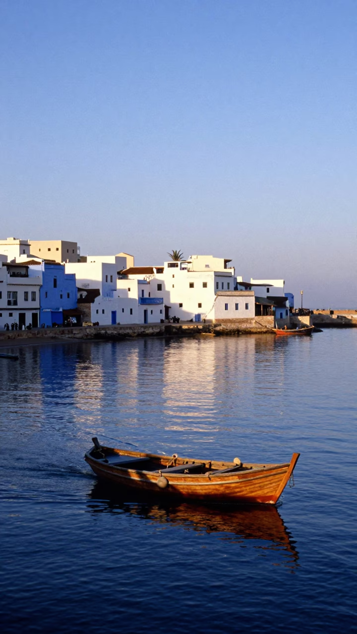 Sunrise Over Essaouira Port With Catamaran Sailing Past Blue And White Walls in in Essaouira, Morocco