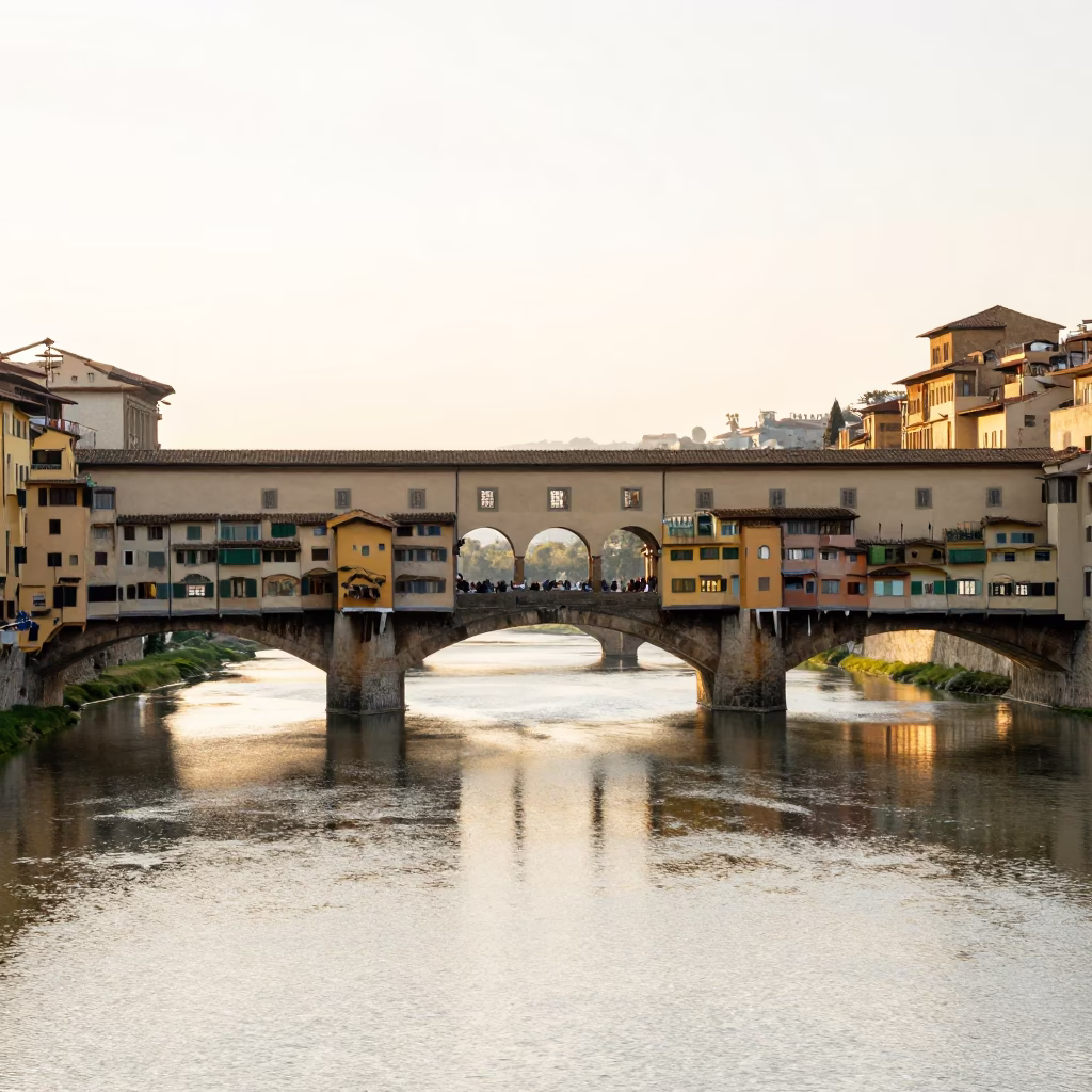 Sunrise over Florence Italy Ponte Vecchio and Arno River with Early Morning Light in in Florence, Italy