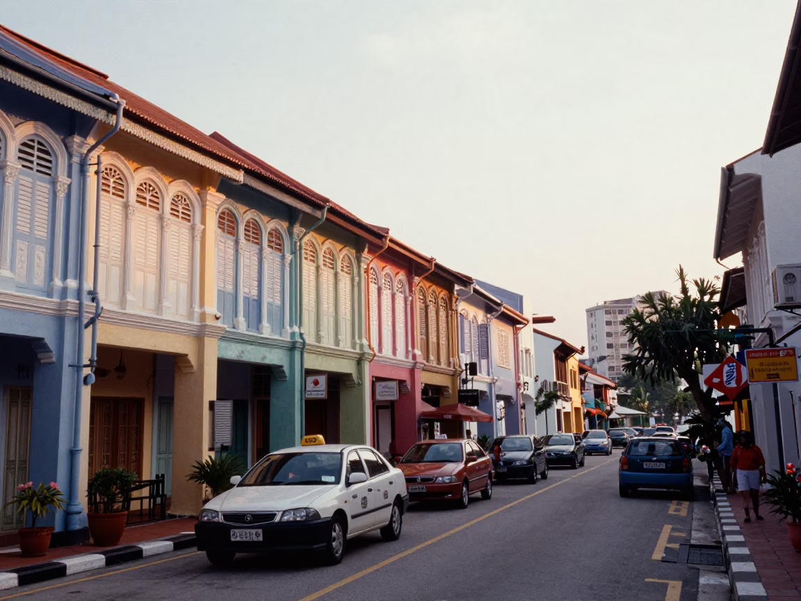 Sunrise over George Town Malaysia street scene with colorful shophouses and morning traffic in in George Town, Malaysia