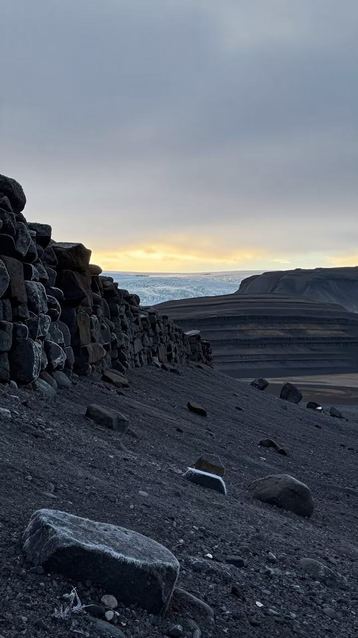 Sunrise Over Glacial Moraine Ridge Reykjavik in from a ridge above layered foothills near Reykjavik