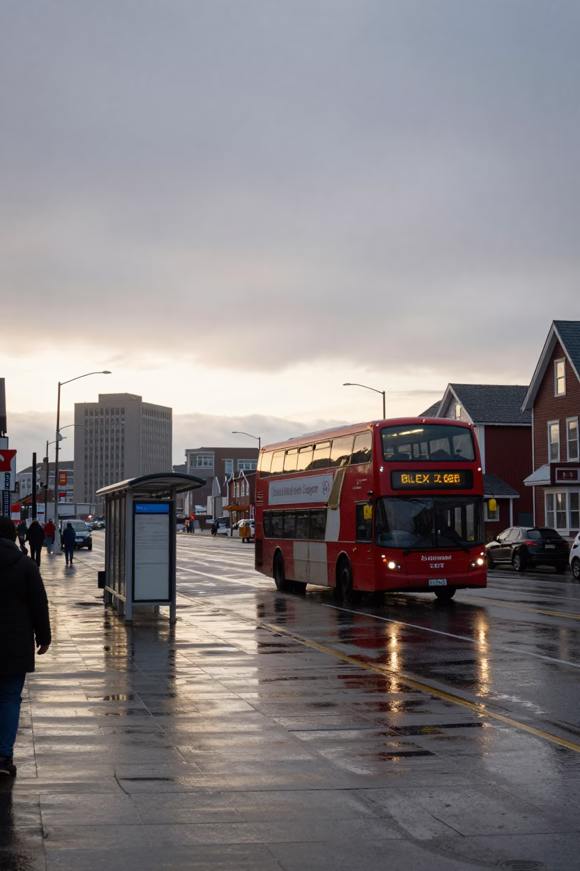 Sunrise over Halifax Harbour with Double-Decker Bus and Ginger Cat at Rainy Stop in in Halifax, Nova Scotia, Canada