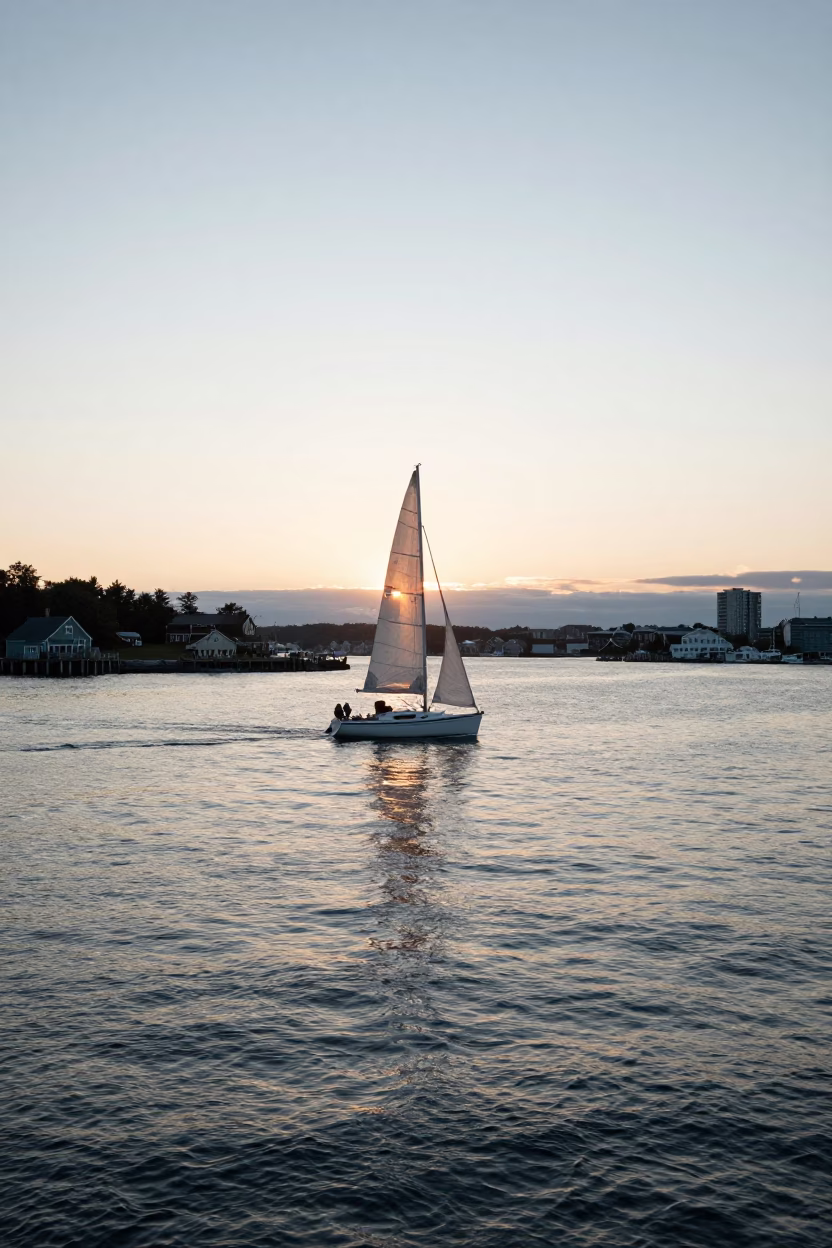 Sunrise over Halifax Harbour with Sailboat and Ripples in in Halifax, Nova Scotia, Canada