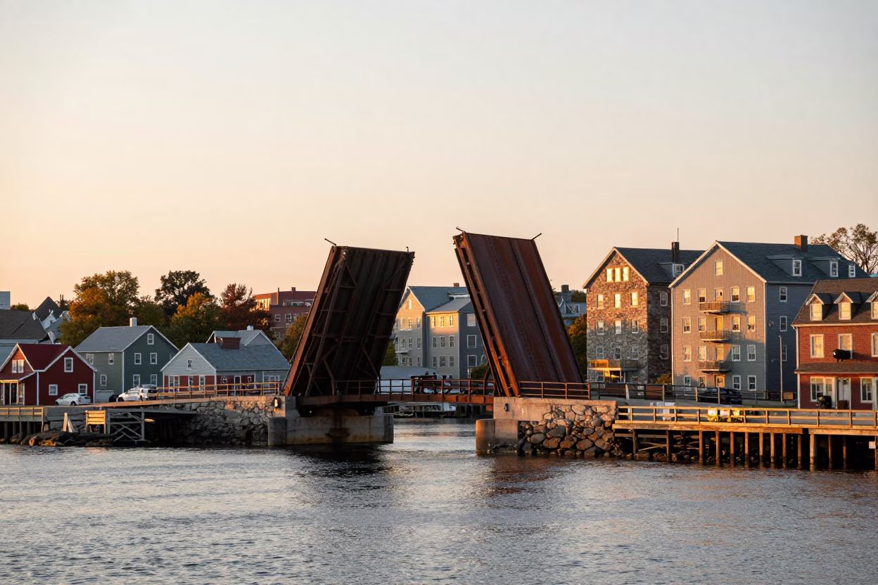 Sunrise over Halifax Waterfront with Rusty Drawbridge and Historic Stone Architecture in in Halifax, Nova Scotia, Canada