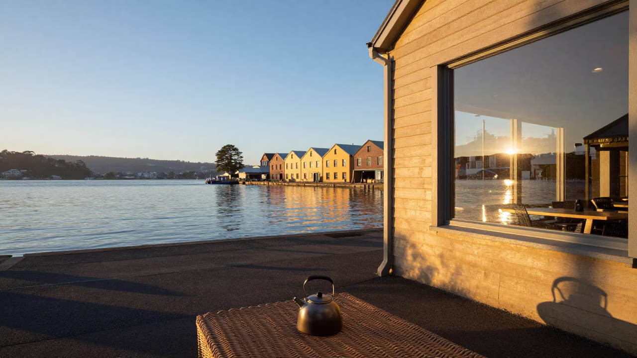 Sunrise Over Hobart Tasmania Harbor With Wicker Shadow On Kettle Lid in in Hobart, Tasmania, Australia