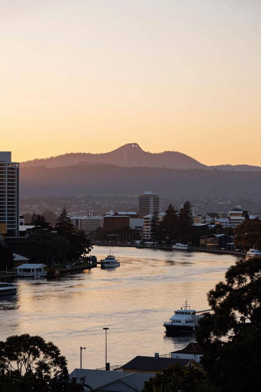 Sunrise over Hobart Tasmania with Mount Wellington and Derwent River in in Hobart, Tasmania, Australia