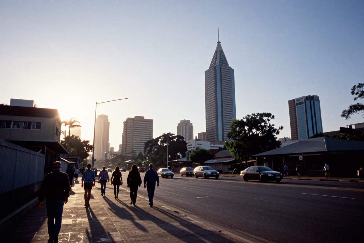 Sunrise over Johannesburg Hillbrow Tower and Skyline with Commuters and Urban Street Life in in Johannesburg, South Africa
