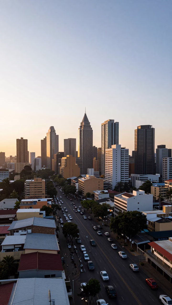 Sunrise over Johannesburg Skyline with Traffic and Urban Landscape in in Johannesburg, South Africa