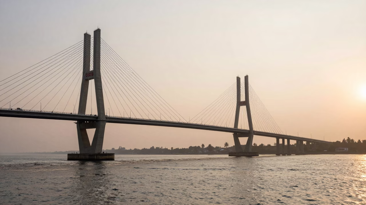 Sunrise Over Kochi Harbor With Cable Stayed Bridge And Choppy Estuary Water in in Kochi, India