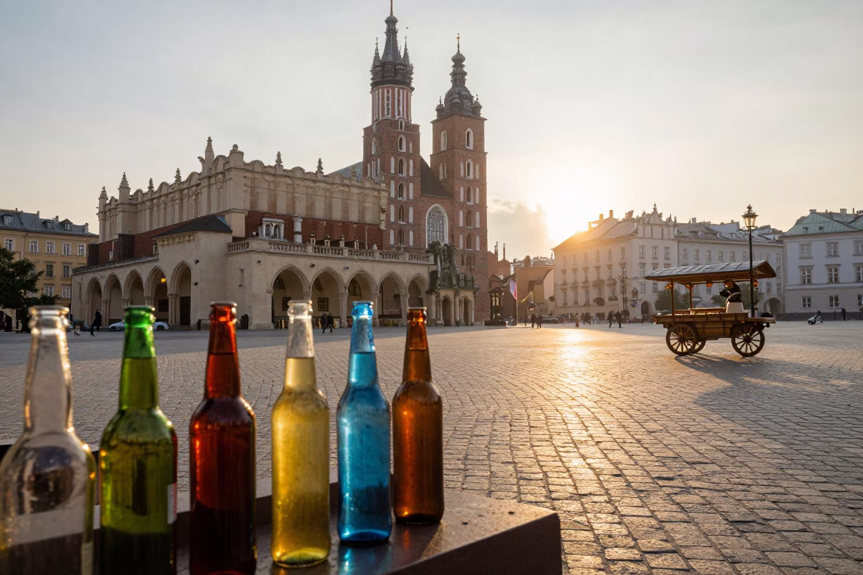 Sunrise over Krakow Main Square with colorful glass bottles and soap case in in Krakow, Poland