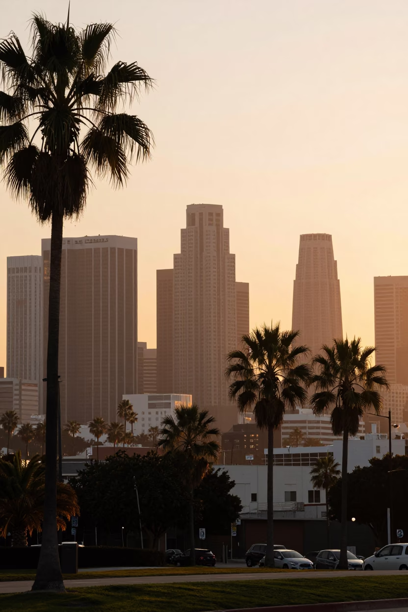 Sunrise Over Los Angeles Downtown Skyline With Palm Trees and City Lights in in Los Angeles, California, United States