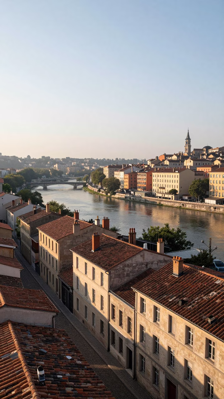 Sunrise over Lyon France Vieux Lyon historic architecture and Saone river in in Lyon, France