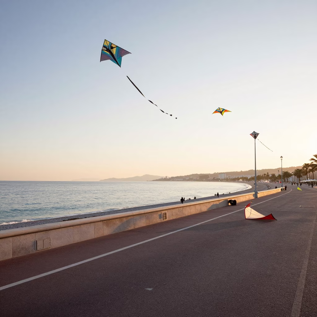 Sunrise over Nice France Promenade with Vintage Kites and Local Street Life in in Nice, France