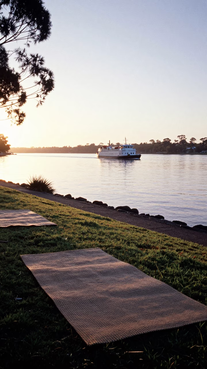 Sunrise over Perth Riverbank with Woven Mats and Morning Commuters in in Perth, Western Australia, Australia