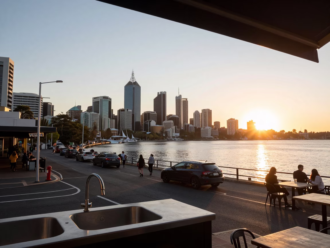 Sunrise over Perth Western Australia with local street scene and harbor breakwater view in in Perth, Western Australia, Australia