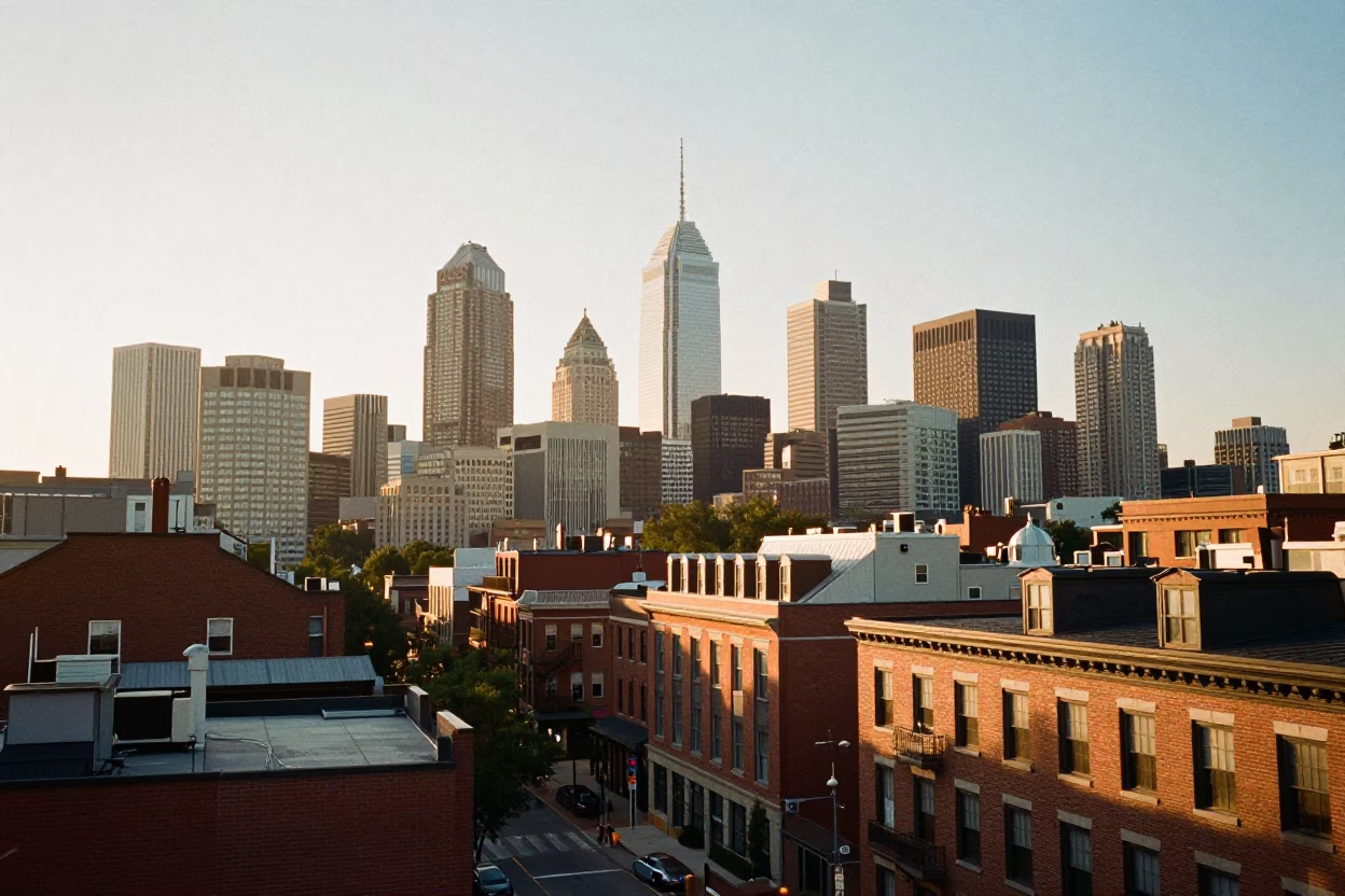 Sunrise over Philadelphia Pennsylvania skyline with historic brick architecture and early morning street activity in in Philadelphia, Pennsylvania, United States