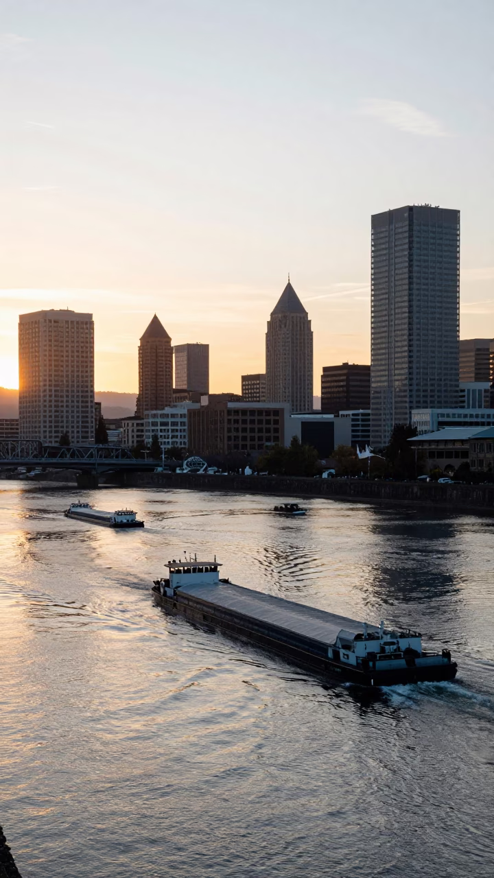 Sunrise over Portland Oregon Downtown Skyline with River Traffic and Vintage Architecture in in Portland, Oregon, United States