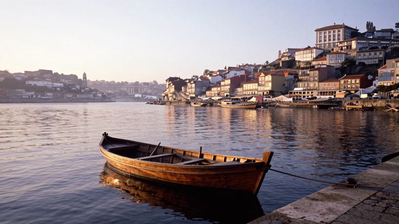 Sunrise Over Porto Portugal Riverfront With Wooden Fishing Boat And Art Deco Hotel Facade in in Porto, Portugal
