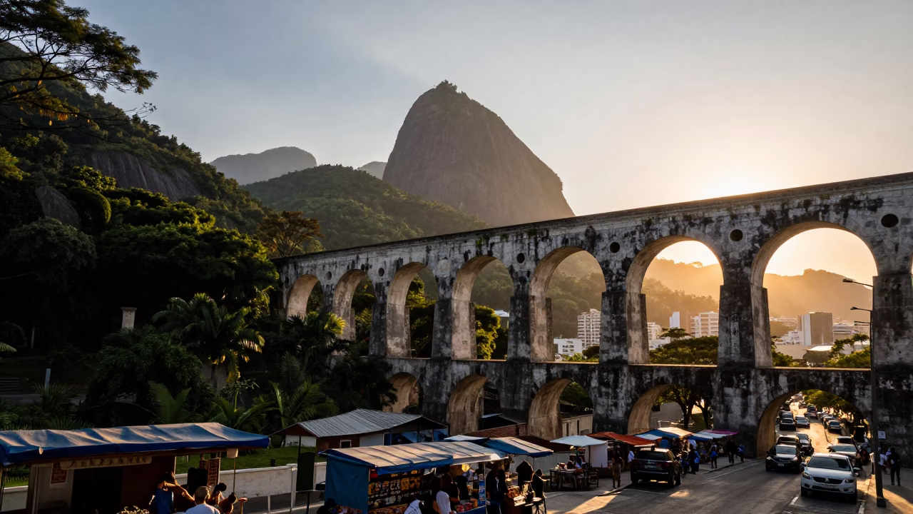 Sunrise over Rio de Janeiro Brazil with Lapa Arches and Street Vendors in in Rio de Janeiro, Brazil