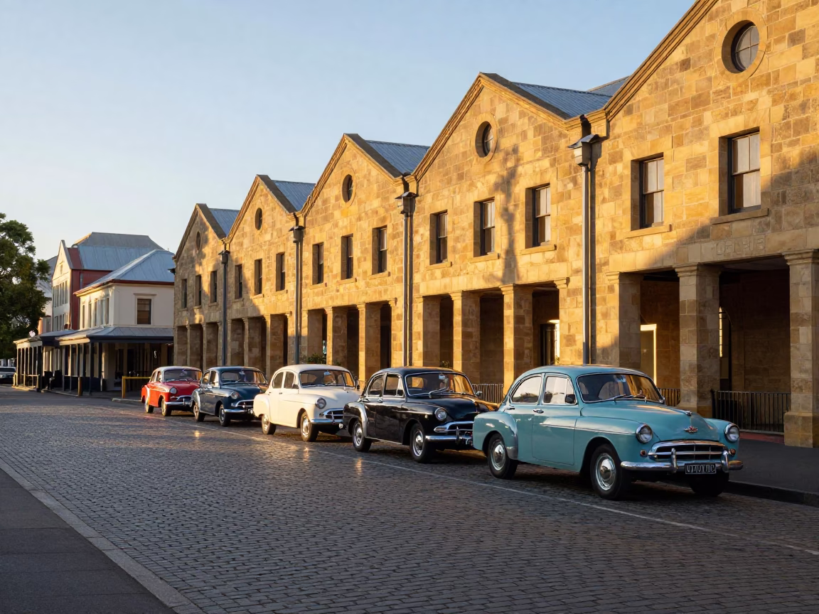 Sunrise Over Salamanca Place Hobart Tasmania With Vintage Cars And Historic Sandstone Architecture in in Hobart, Tasmania, Australia