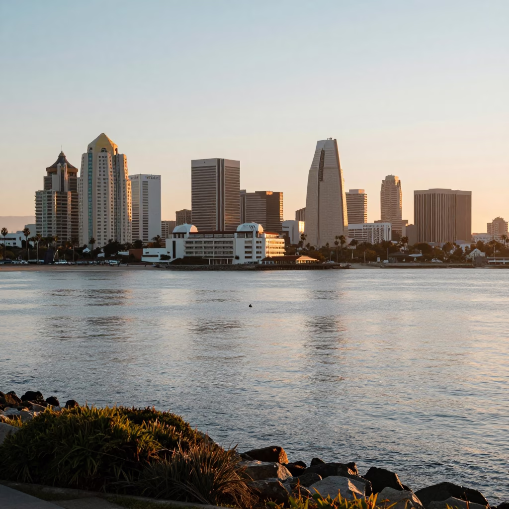 Sunrise Over San Diego Bay With Coastal Architecture And Local Life in in San Diego, California, United States